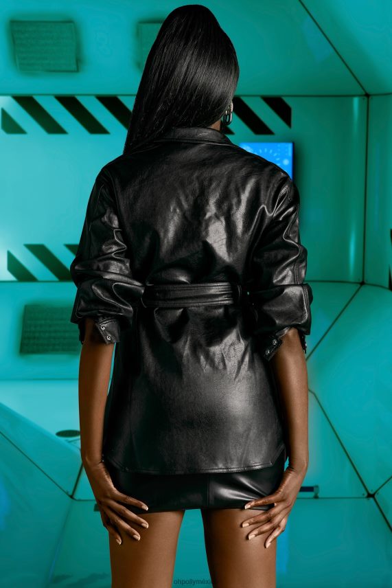 negro cintura tu tiempo sobrecamisa de cuero sintético con cinturón Oh Polly mujer recopilación 6N8XHD836