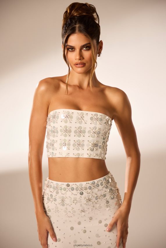 Marfil top corto tipo bandeau con corsé y adornos a mano maia Oh Polly mujer recopilación 6N8XHD599