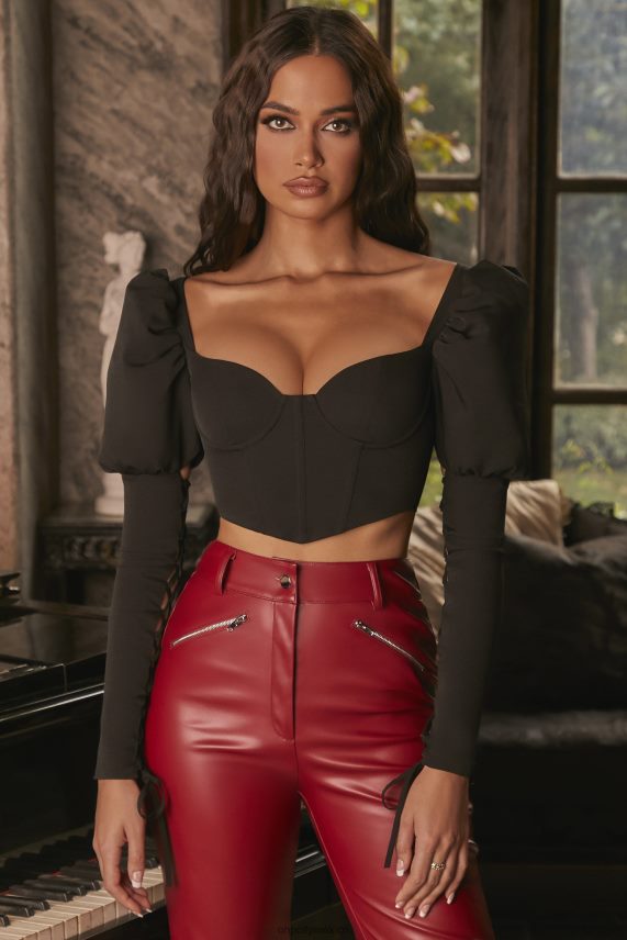 negro Mystery Ways top corto con mangas abullonadas y cordones Oh Polly mujer recopilación 6N8XHD701