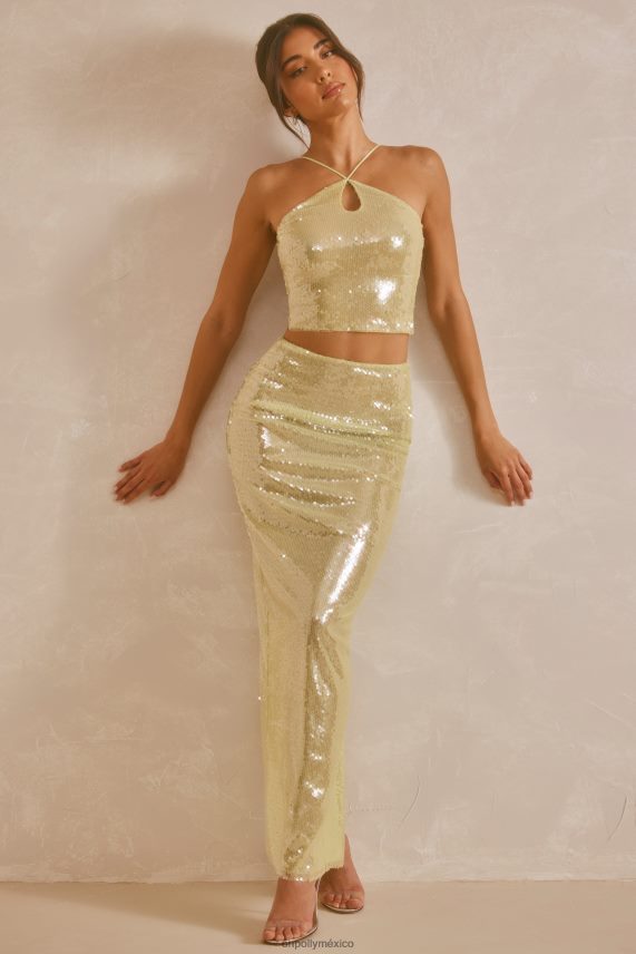 pistacho Top corto con cuello halter y abertura en forma de cerradura con lentejuelas transparentes de Rhea Oh Polly mujer recopilación 6N8XHD565