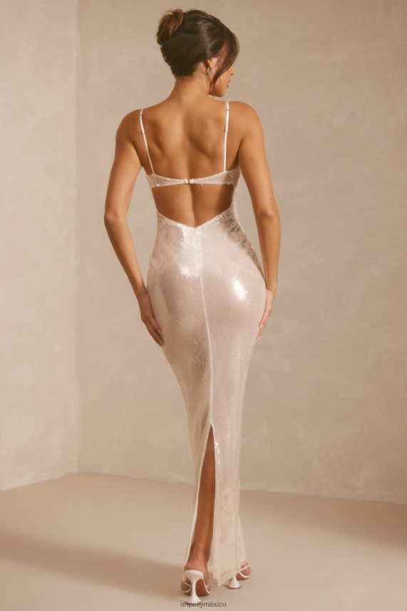 blanco vestido de noche marlena de lentejuelas transparentes con cuello en V y espalda recortada Oh Polly mujer vestidos 6N8XHD2