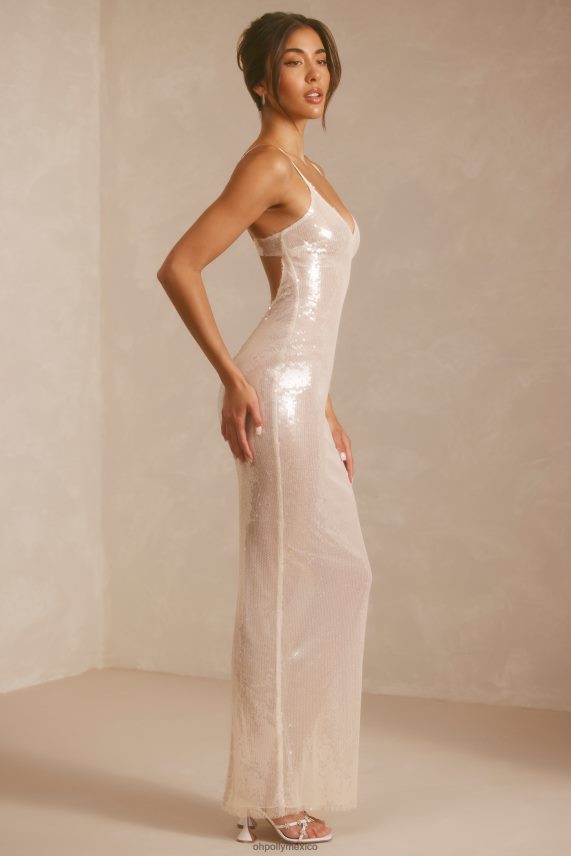 blanco vestido de noche marlena de lentejuelas transparentes con cuello en V y espalda recortada Oh Polly mujer vestidos 6N8XHD2
