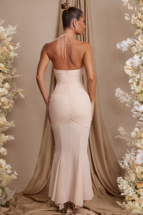 crema vestido largo con cuello halter y aberturas Etta Oh Polly mujer vestidos 6N8XHD93