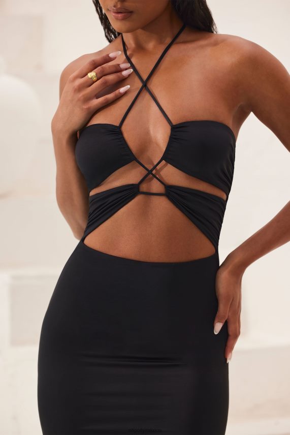 negro vestido largo hasta el suelo con cuello halter y aberturas oceane Oh Polly mujer vestidos 6N8XHD21