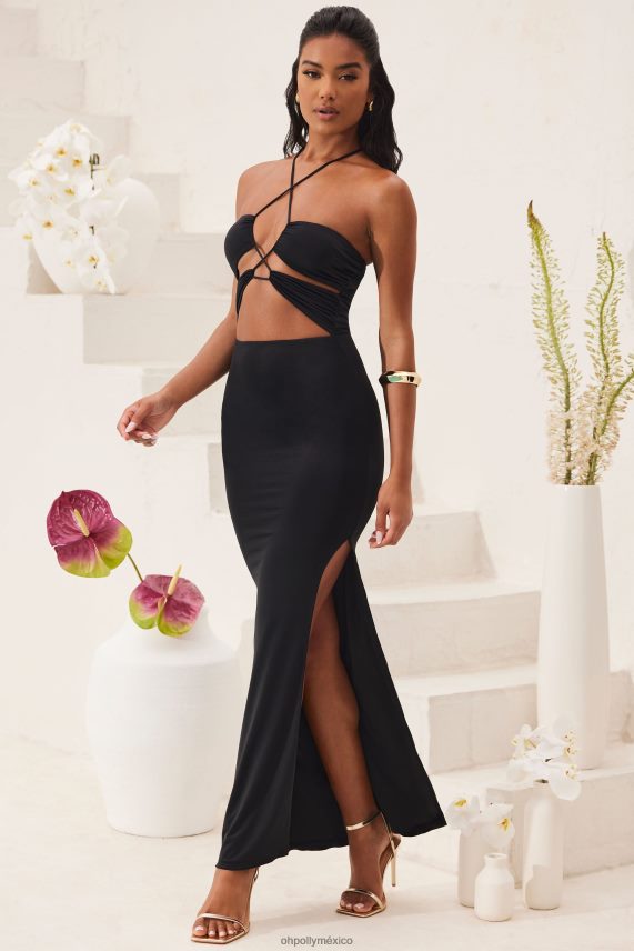 negro vestido largo hasta el suelo con cuello halter y aberturas oceane Oh Polly mujer vestidos 6N8XHD21