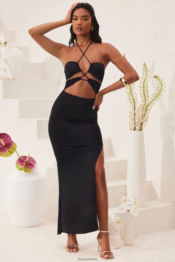 negro vestido largo hasta el suelo con cuello halter y aberturas oceane Oh Polly mujer vestidos 6N8XHD21
