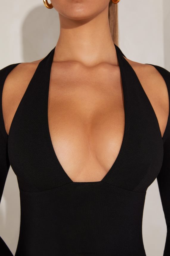 negro vestido largo odelle de manga larga con escote pronunciado Oh Polly mujer vestidos 6N8XHD279