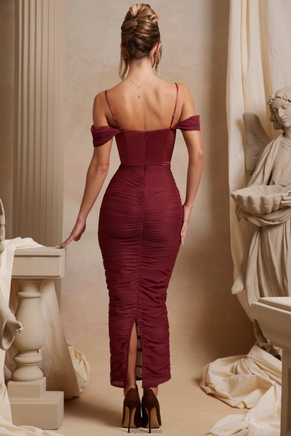 rojo vestido largo cecily con hombros descubiertos y corsé fruncido Oh Polly mujer vestidos 6N8XHD280