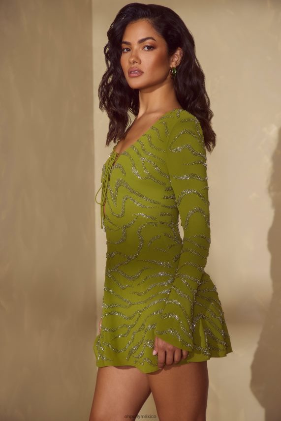 aceituna vestido corto estelle de manga larga con cordones Oh Polly mujer vestidos 6N8XHD56