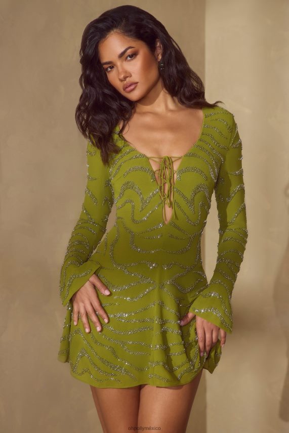 aceituna vestido corto estelle de manga larga con cordones Oh Polly mujer vestidos 6N8XHD56