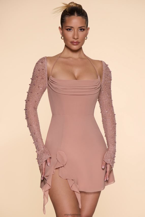 beige minivestido acampanado con cuello vuelto y manga larga florence Oh Polly mujer vestidos 6N8XHD61