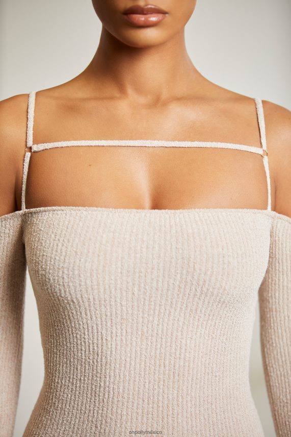 beige vestido corto de manga larga con hombros descubiertos nyssa Oh Polly mujer vestidos 6N8XHD102