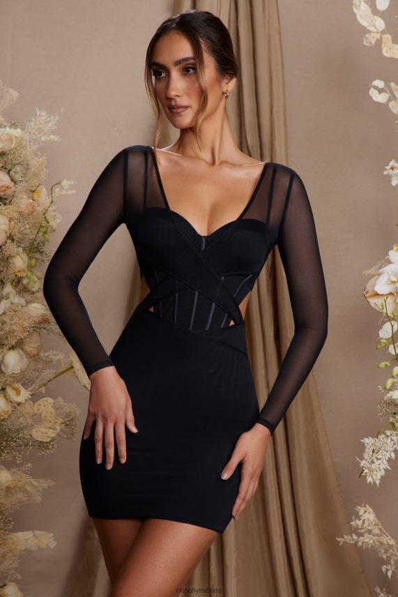 negro Vestido corto Taylor de manga larga con corsé en capas Oh Polly mujer vestidos 6N8XHD272