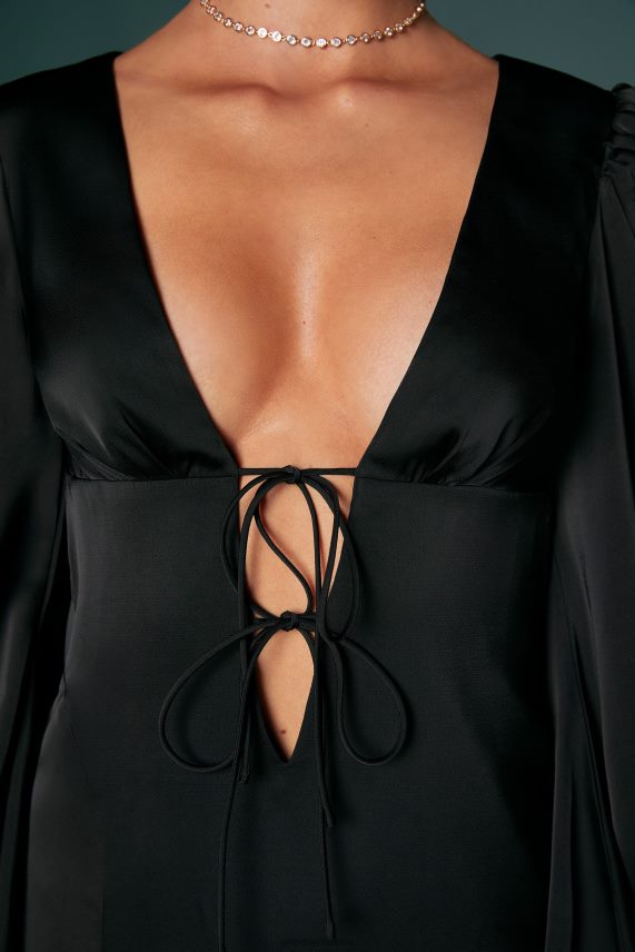 negro vestido corto Vanna con mangas globo Oh Polly mujer vestidos 6N8XHD111