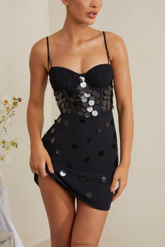 negro vestido corto con corsé y adornos Constance Oh Polly mujer vestidos 6N8XHD218