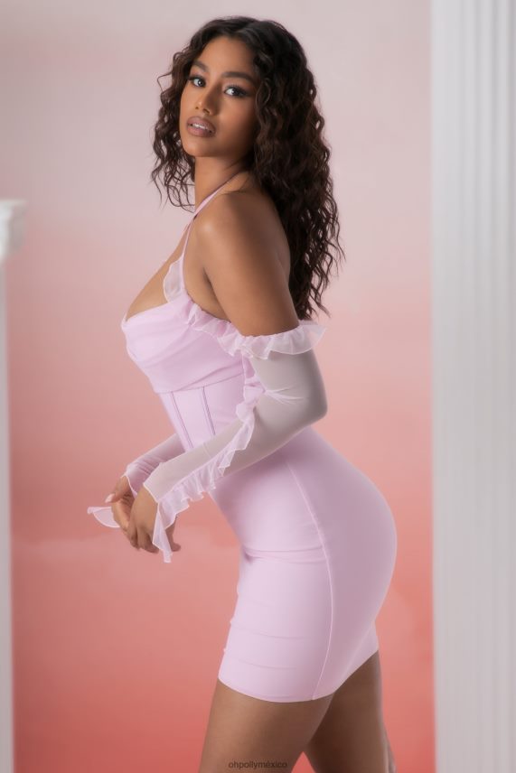 rosa vestido corto con cuello desbocado y detalle de volantes de Makaria Oh Polly mujer vestidos 6N8XHD445