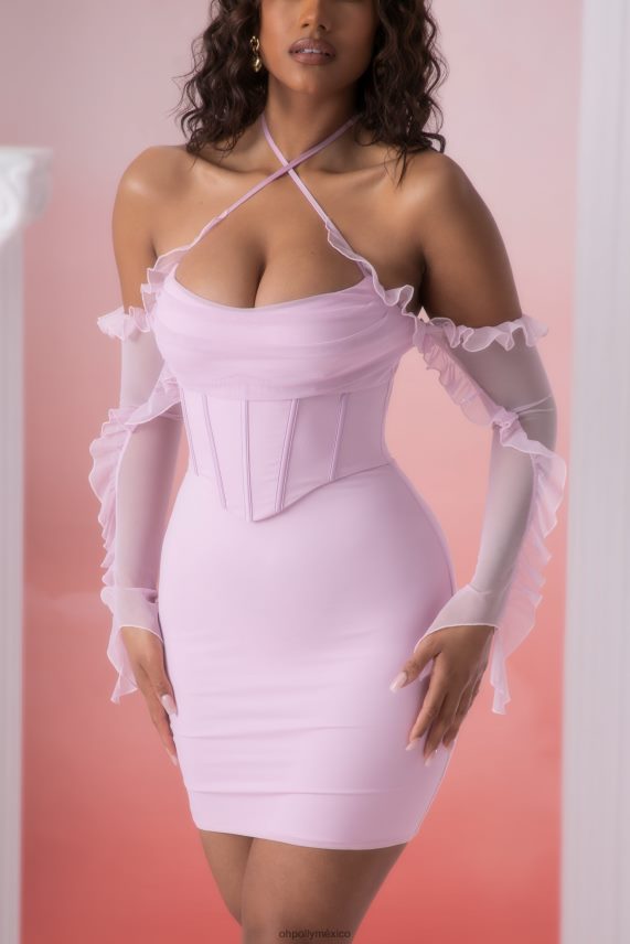 rosa vestido corto con cuello desbocado y detalle de volantes de Makaria Oh Polly mujer vestidos 6N8XHD445