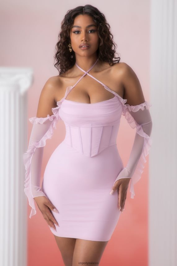 rosa vestido corto con cuello desbocado y detalle de volantes de Makaria Oh Polly mujer vestidos 6N8XHD445