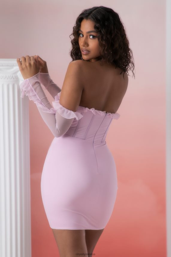 rosa vestido corto con cuello desbocado y detalle de volantes de Makaria Oh Polly mujer vestidos 6N8XHD445