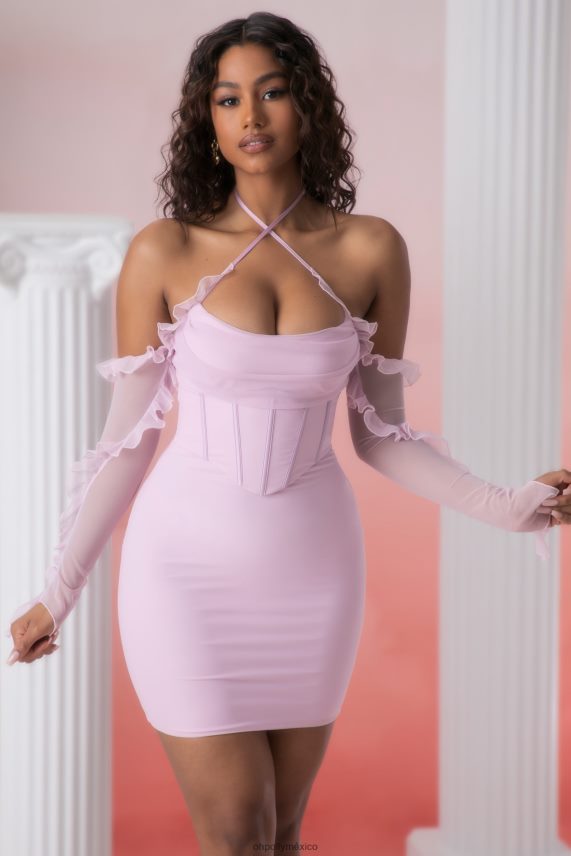 rosa vestido corto con cuello desbocado y detalle de volantes de Makaria Oh Polly mujer vestidos 6N8XHD445