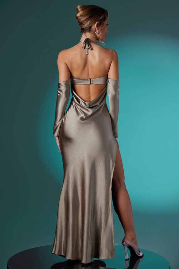 gris pardo vestido celine de manga larga con cuello halter y cola de pez Oh Polly mujer vestidos 6N8XHD276