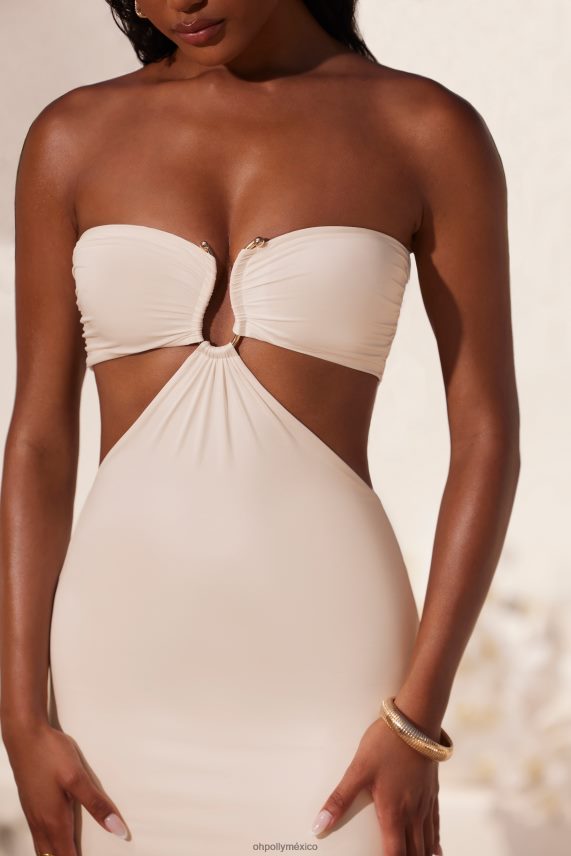 Marfil vestido palabra de honor con detalle de herrajes fruncidos de enebro hasta el suelo Oh Polly mujer vestidos 6N8XHD20