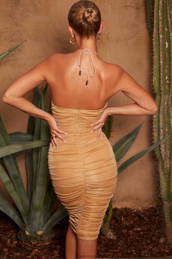 oro vestido midi con abertura brillante y fruncido Oh Polly mujer vestidos 6N8XHD407