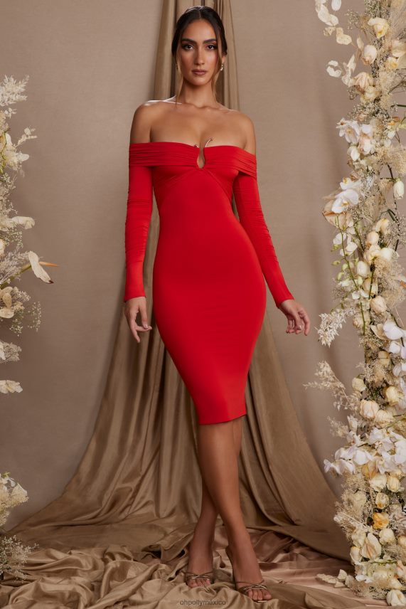 rojo vestido midi brigitte de manga larga y escote bardot Oh Polly mujer vestidos 6N8XHD95